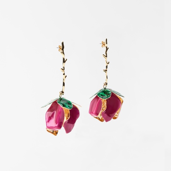 ZARA ENAMELLED FLORAL EARRINGS FUCHSIA PINK GOLDEN NWT ✨✨🎉🎉 - Picture 2 of 3